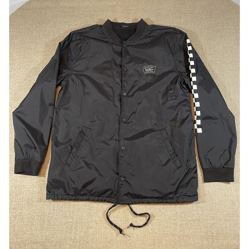 Vans Windbreaker Jacket Mens XL Black White Snap Lined Nylon Skate Streetwear
